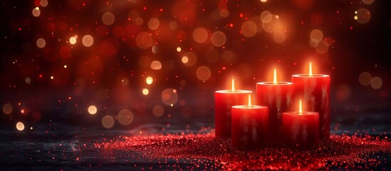 Christmas card with text Celebration Greeting: Dia de Las Velitas  with Candles, fruit, flower and bokeh lights. Translate: 7 December, Romantic festive holiday evening