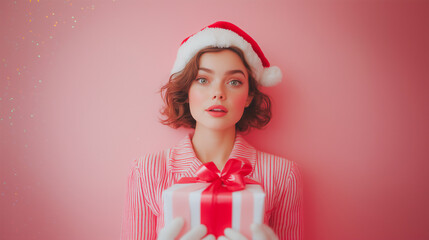 Young cute woman in Christmas vibe holding gift box on red background .