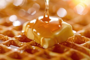 A close-up view of a waffle with a drizzle of syrup, perfect for breakfast or brunch