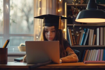 Poster - a student studying and using her laptop in a graduation cap