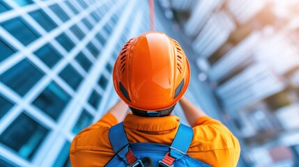 Sticker - A worker wearing a safety helmet and harness, working on a high rise construction project, emphasizing exposure to danger.