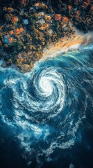 Aerial view of a swirling ocean wave near a tropical beach with lush greenery.