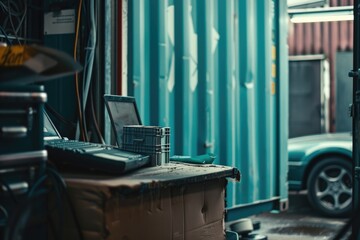 Poster - A person's laptop computer sits on a wooden table, perfect for working or studying