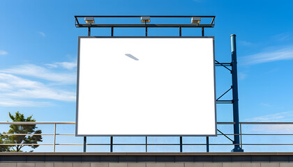 Mockup Large white blank billboard or white promotion poster displayed on the outdoor against the blue sky background. Promotion information for marketing announcements and details isolated with whi