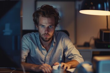 Poster - A person sitting at a desk with a computer, likely working or studying