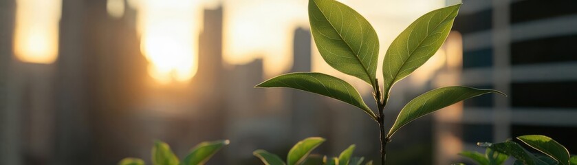 High-rise cityscape at sunset with young plants growing in the foreground, urban growth, nature in the city