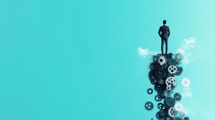 Canvas Print - A businessman standing on a platform made of interconnected gears and cogs, with a giant, surreal hand reaching down to control the system, representing the paradox of managing complex operations.