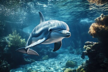 Canvas Print - Dolphin swimming near coral reef