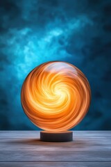 Poster - Abstract swirling light orb on wooden surface with blue backdrop.