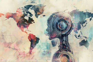 Poster - Robot with World Map Background