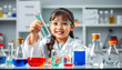 © Sergey - Happy Asian little cute girl role playing a scientist in science lab with equipment and chemicals. Learning and education of kid isolated with white highlights, png