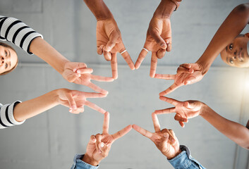 Aufkleber - Business people, hands together and finger star for diversity, low angle and agreement or collaboration. Group, employee and team building shape, motivation or meeting for creative office support