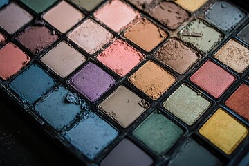 Makeup palette with colorful eyeshadows showing creative expertise of makeup artist