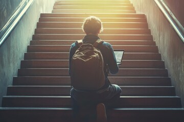 Person on Stairs with Backpack