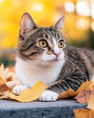 Cat Among Autumn Leaves in Soft Natural Light