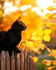 Black Cat in Autumn Sunset Glow