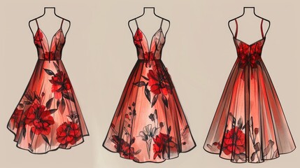 Wall Mural - Three Dresses with Red Flowers