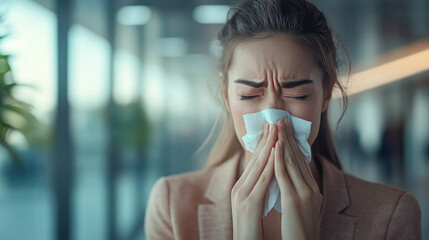 Woman in office clothes with cold or allergy sneezing into handkerchief on blurred office background, sick girl, flu, acute respiratory viral infection, ARVI, virus, runny nose, employee at work