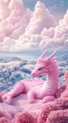 Wall Mural - Whimsical Pink Dragon in a Dreamy Landscape