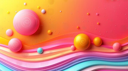 Poster - This vibrant composition features layers of wavy colors in warm and cool tones, adorned with colorful spheres. The playful design creates a dynamic and eye-catching visual experience.