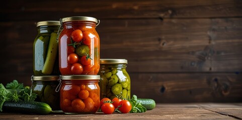 Canned tomatoes and cucumbers in jars, fresh vegetables, spices and herbs for marinade on a wooden background. Generated with AI.