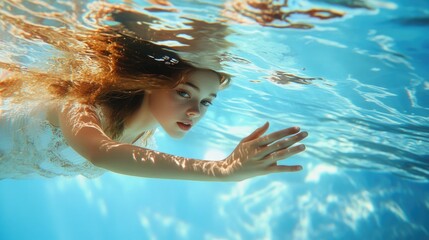 Young girl swimming underwater