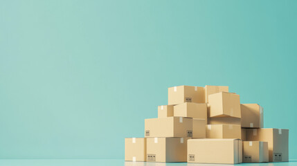 Wall Mural - Stack of cardboard boxes against pastel color background, concept of shipping