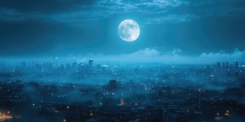 Wall Mural - city at night with full moon