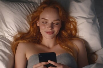 Relaxed woman smiling at night using smartphone in bed