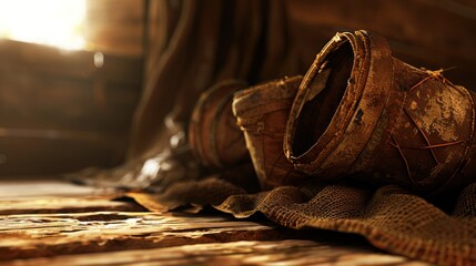 Worn Wooden Buckets Resting on a Net and Wooden Surface