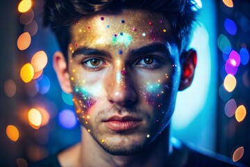 Wall Mural - closeup of caucasian man with glitter makeup in party mood