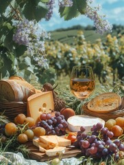 Poster - Grapes, Bread, Cheese, and Wine Platter