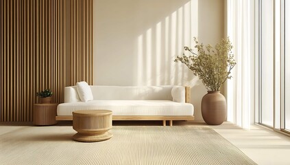 Interior of modern living room with white sofa and wooden coffee table.