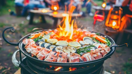 Wall Mural - Close-up of Meat and Vegetables Grilling Over Flames