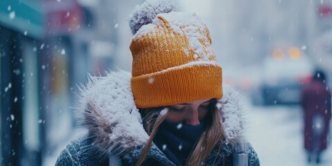 Wall Mural - woman walking down snowy street