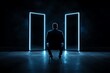 © ArthurGraphix - Person contemplating choices, two illuminated doors in a dark space.