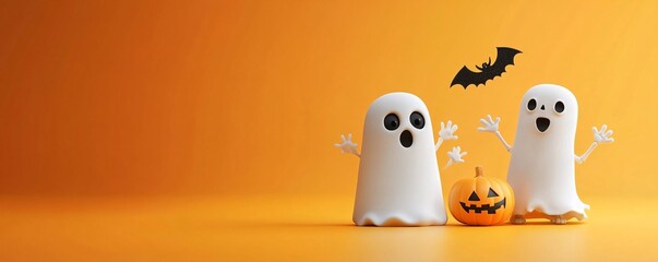 Wall Mural - Two 3d cartoon ghosts celebrating halloween with a pumpkin and a bat on an orange background