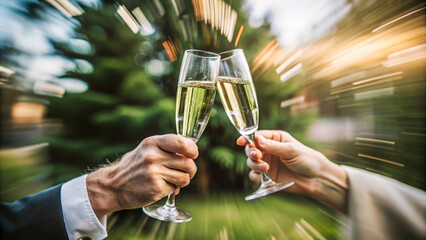 Celebratory champagne toast. Friends with glasses of champagne alcohol. Summer office party. Social event celebration outdoors. Hands holding glasses of Prosecco