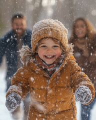 Happy child joyfully playing in the snow with parents in a winter forest on a snowy day
