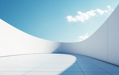 a white architectural structure with a curved, undulating surface, set against a clear blue sky. The structure appears modern and minimalist.