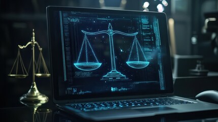 Sticker - holographic justice scales on digital laptop screen symbolizing law in technology era