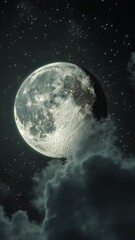 Wall Mural - Moon behind clouds with starry sky, night