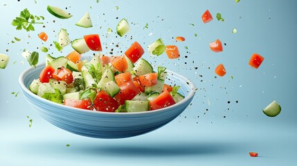 A banner on a culinary theme with a three-dimensional 3D illustration of a plate into which chopped vegetables are flying.