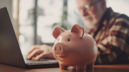 Piggy bank standing on desk with blurred retired man using laptop and doing accounting in background..