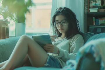 Poster - Woman uses tablet computer on couch