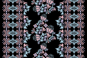 Seamless pattern with decorative flowers on a black background.Ethnic oriental traditional.Motifs Ikat embroidery wallpaper.Textile rapport. Abstract design for texture, fabric, clothing, wrapping