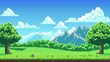 © spyrakot - 8-Bit Pixelated Landscape: Green Hills and Blue Sky for Gaming Posters and Ads