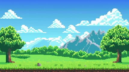 8-bit pixelated landscape: green hills and blue sky for gaming posters and ads