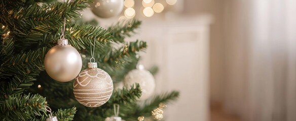 Christmas tree decorated with beige ornaments and elegant cozy living room blurred background. Horizontal banner with copy space and bokeh lights, closeup