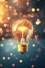 Poster - Illuminated light bulb with sparkling effects on a dark blue background.